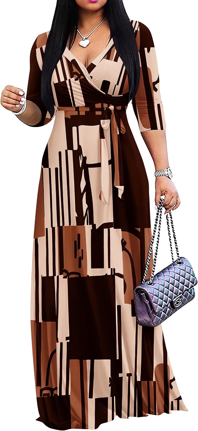 FANDEE Plus Size Maxi Dress for Women Casual Summer Sundress V-Neck 3/4 Sleeve