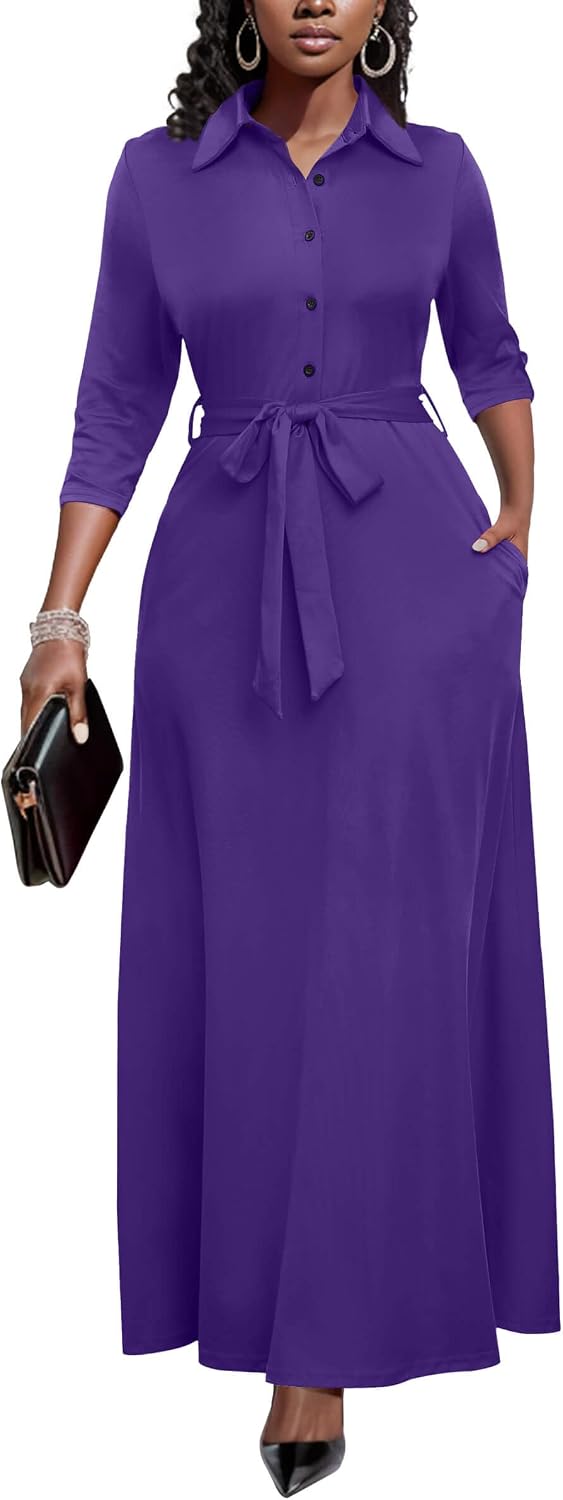 Runwind Womens Maxi Dress 3/4 Sleeve Button Down Church Dress with Pockets