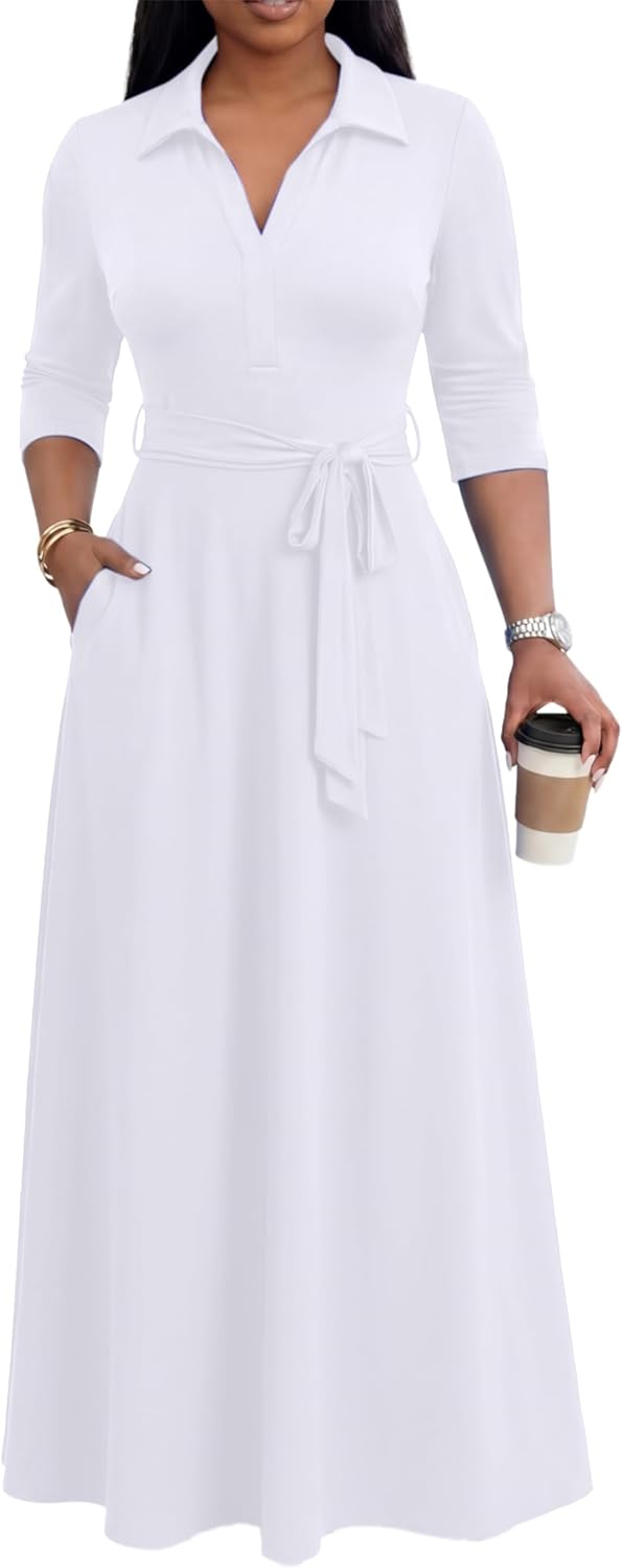 Maxi Dresses for Women Casual V Neck 3/4 Sleeve Long Church Dress Semi Formal Outfits with Pockets