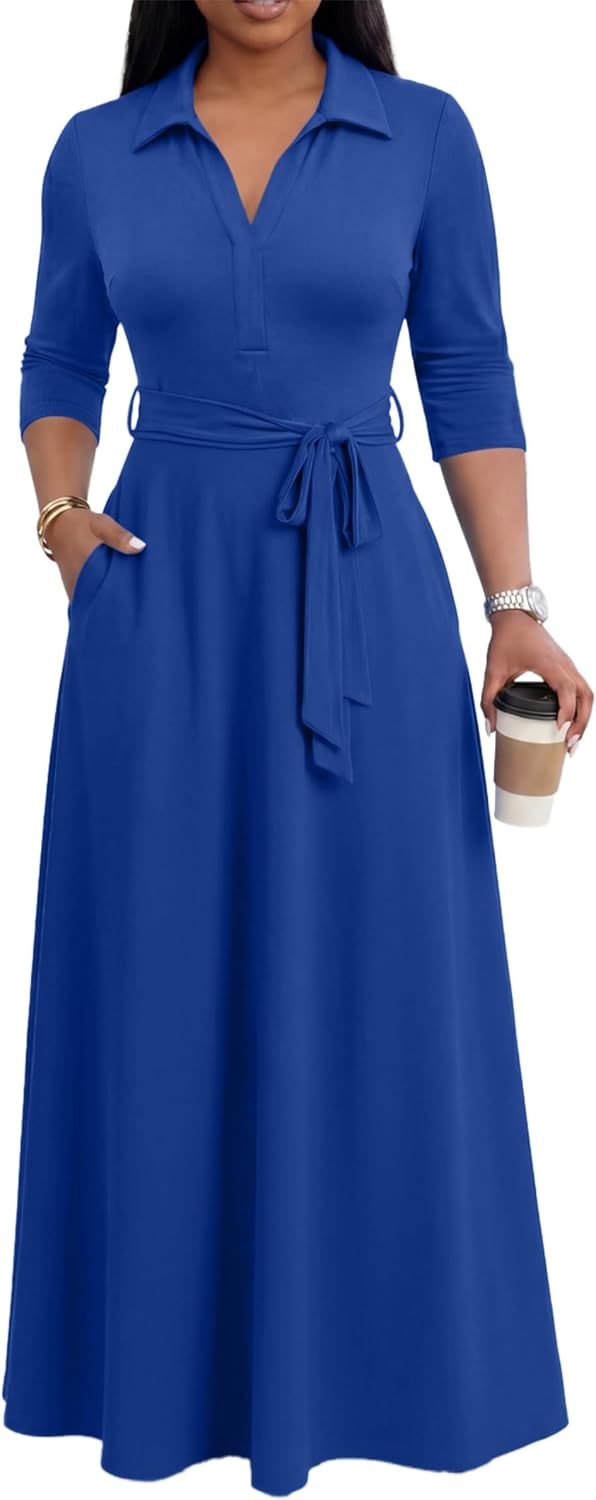 Maxi Dresses for Women Casual V Neck 3/4 Sleeve Long Church Dress Semi Formal Outfits with Pockets