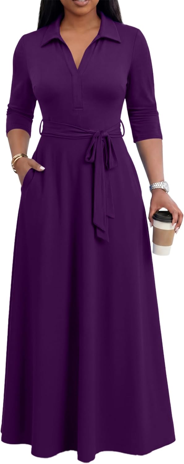 Maxi Dresses for Women Casual V Neck 3/4 Sleeve Long Church Dress Semi Formal Outfits with Pockets