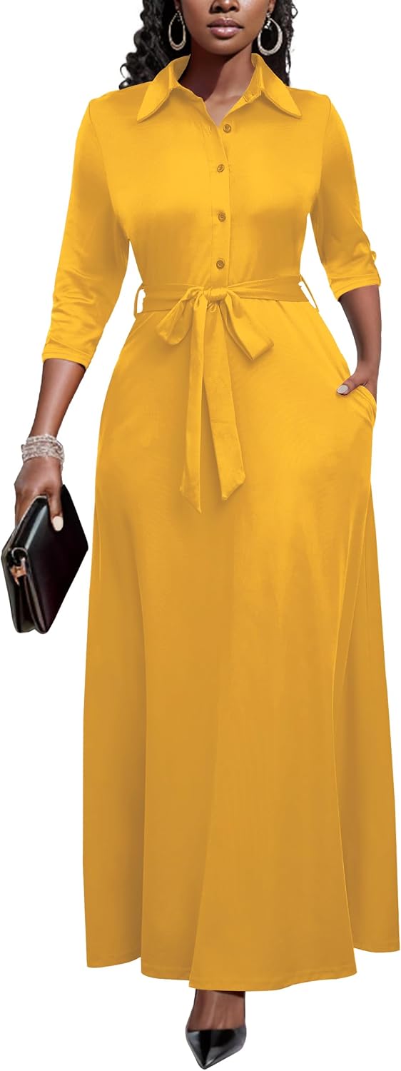 Runwind Womens Maxi Dress 3/4 Sleeve Button Down Church Dress with Pockets