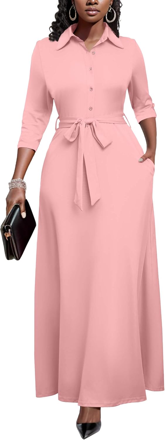 Runwind Womens Maxi Dress 3/4 Sleeve Button Down Church Dress with Pockets
