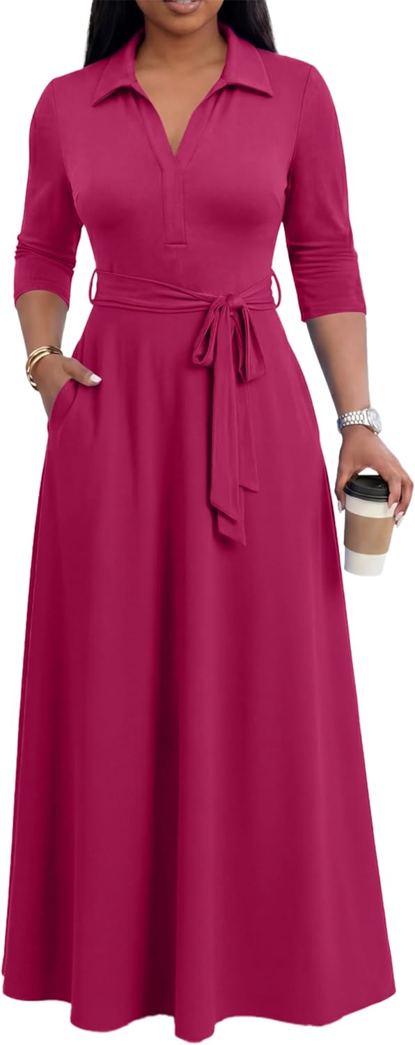 Maxi Dresses for Women Casual V Neck 3/4 Sleeve Long Church Dress Semi Formal Outfits with Pockets