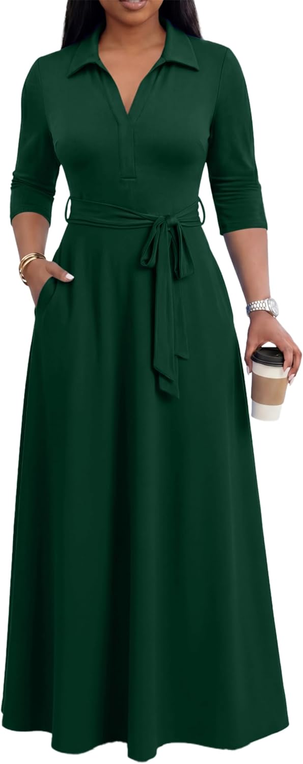 Maxi Dresses for Women Casual V Neck 3/4 Sleeve Long Church Dress Semi Formal Outfits with Pockets