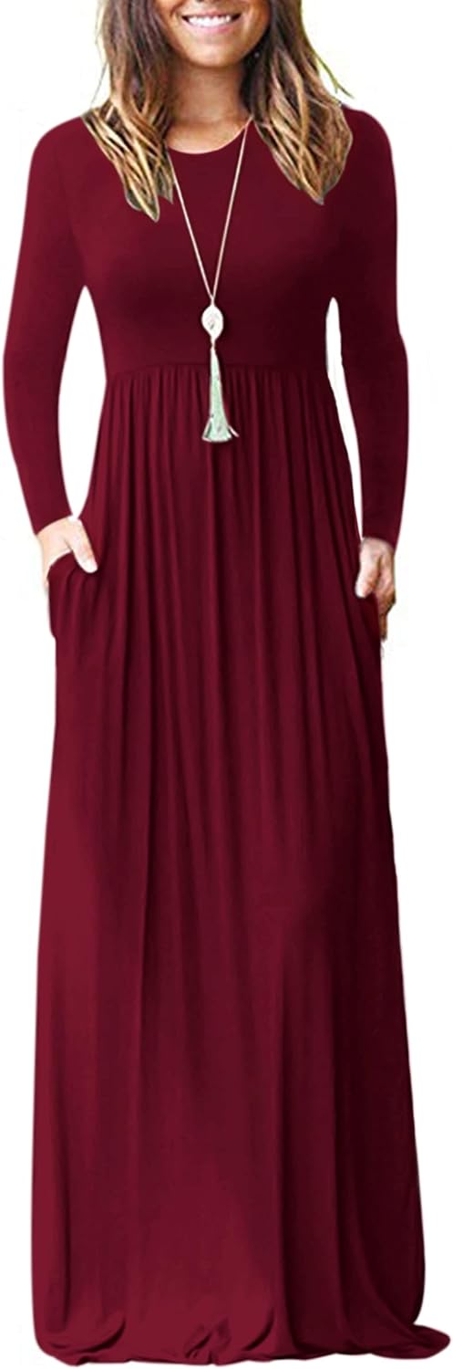 AUSELILY Womens Long Sleeve Maxi Dress Casual Empire Waist with Pockets