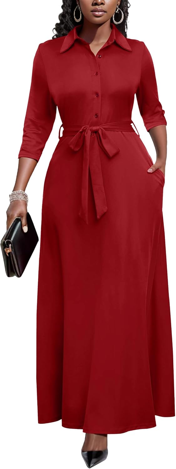 Runwind Womens Maxi Dress 3/4 Sleeve Button Down Church Dress with Pockets