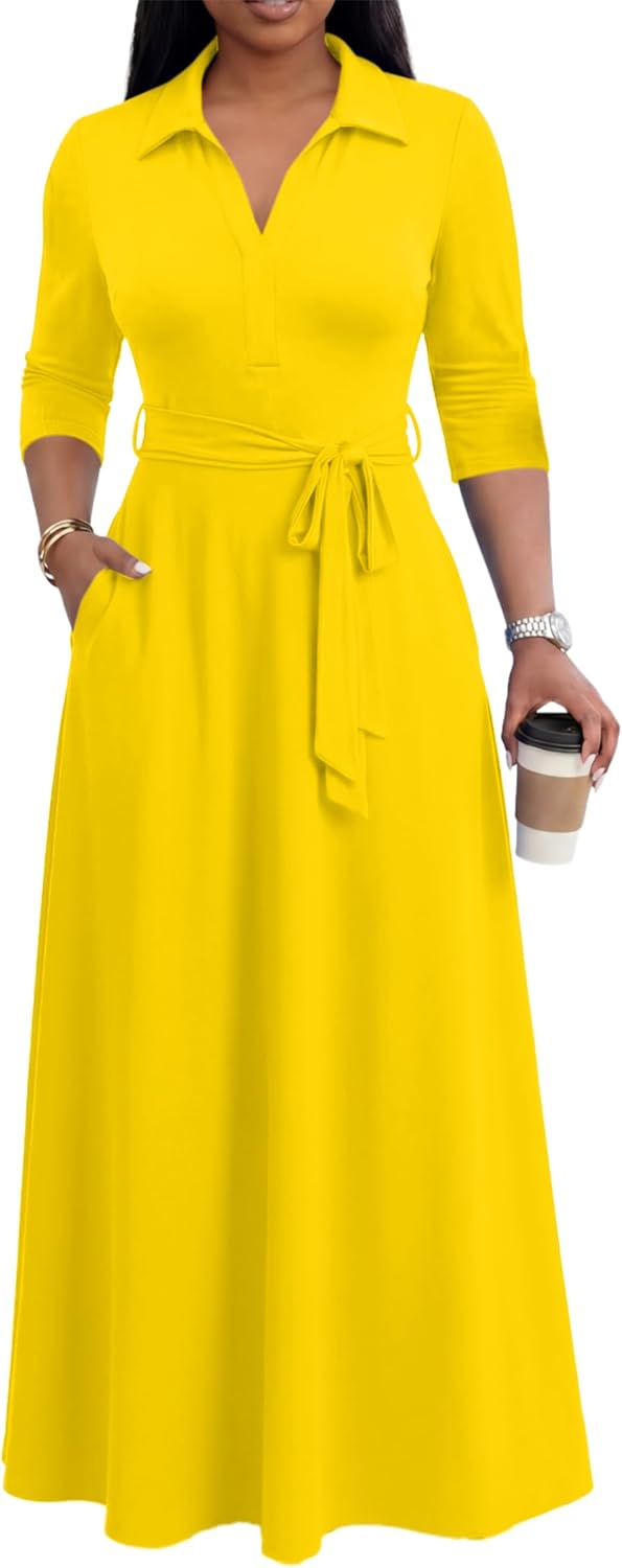 Maxi Dresses for Women Casual V Neck 3/4 Sleeve Long Church Dress Semi Formal Outfits with Pockets