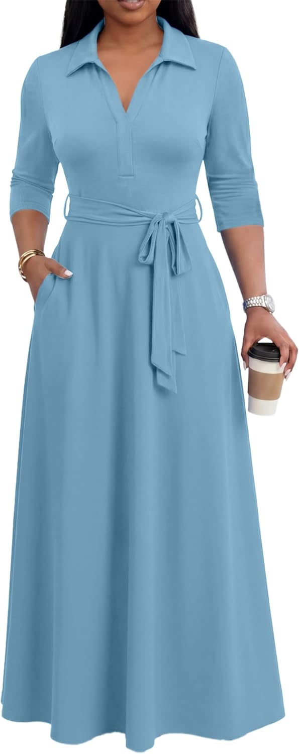 Maxi Dresses for Women Casual V Neck 3/4 Sleeve Long Church Dress Semi Formal Outfits with Pockets