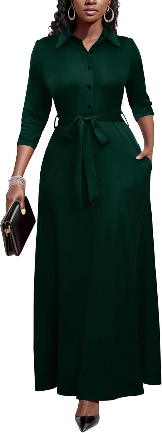 Runwind Womens Maxi Dress 3/4 Sleeve Button Down Church Dress with Pockets