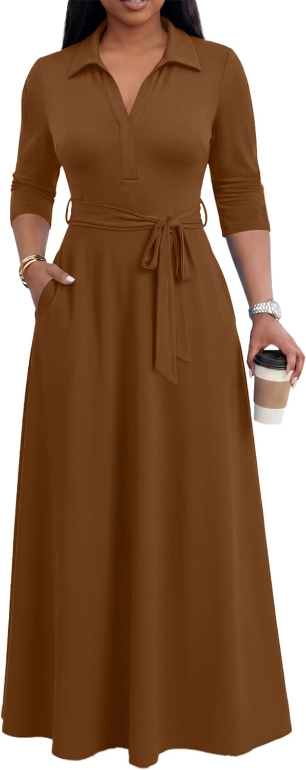Maxi Dresses for Women Casual V Neck 3/4 Sleeve Long Church Dress Semi Formal Outfits with Pockets