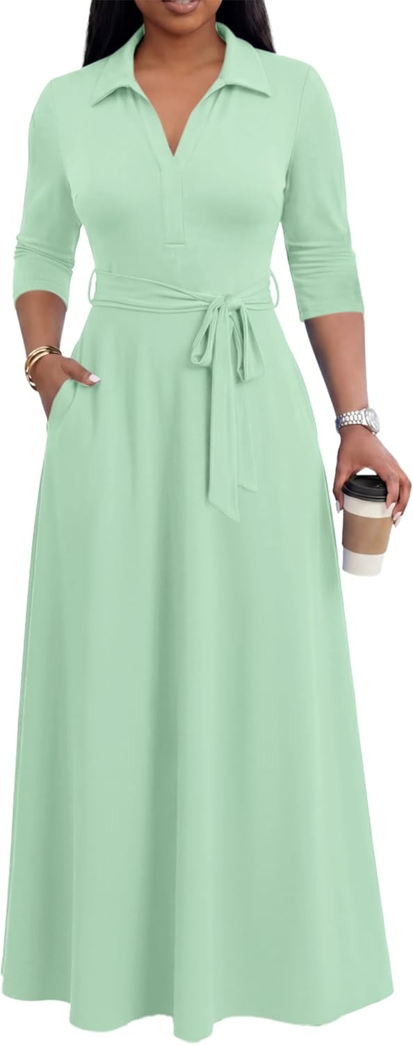 Maxi Dresses for Women Casual V Neck 3/4 Sleeve Long Church Dress Semi Formal Outfits with Pockets