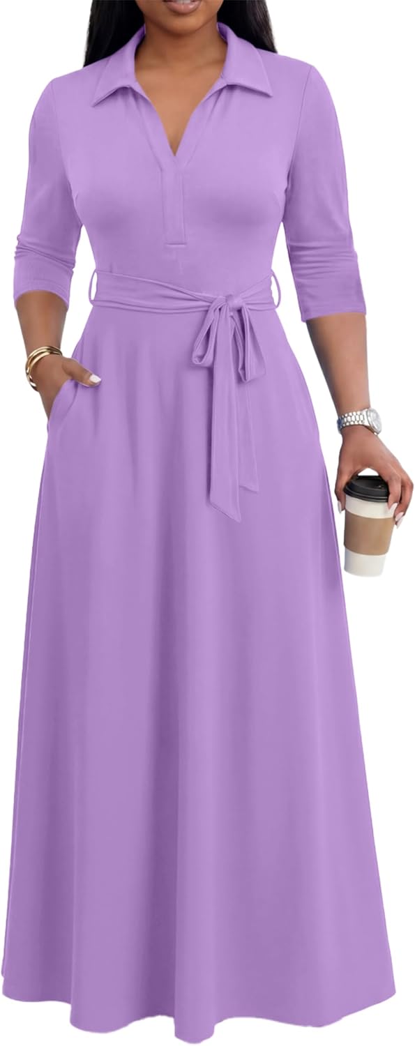 Maxi Dresses for Women Casual V Neck 3/4 Sleeve Long Church Dress Semi Formal Outfits with Pockets