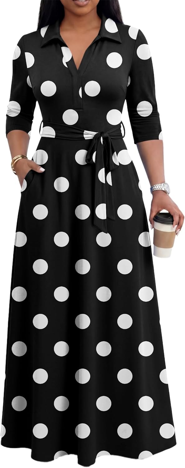 Maxi Dresses for Women Casual V Neck 3/4 Sleeve Long Church Dress Semi Formal Outfits with Pockets