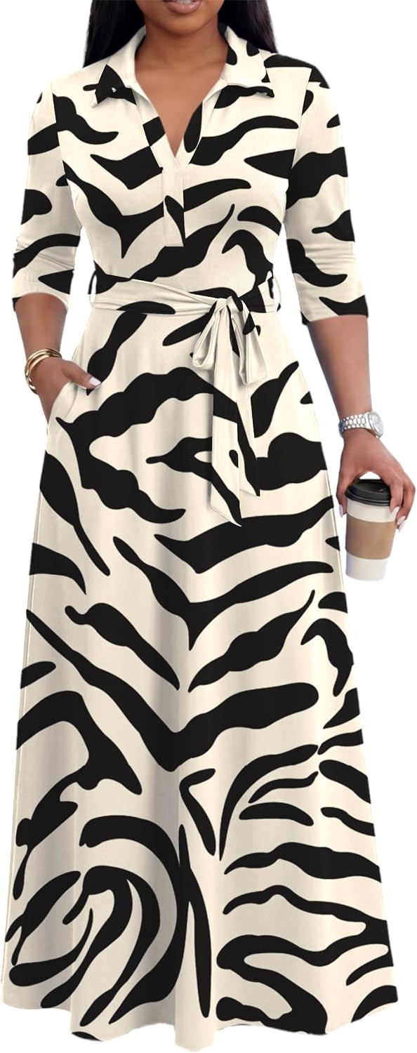 Maxi Dresses for Women Casual V Neck 3/4 Sleeve Long Church Dress Semi Formal Outfits with Pockets