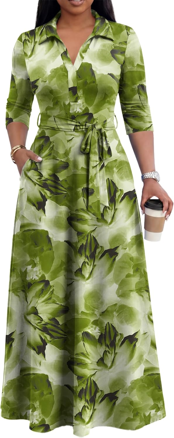 Maxi Dresses for Women Casual V Neck 3/4 Sleeve Long Church Dress Semi Formal Outfits with Pockets