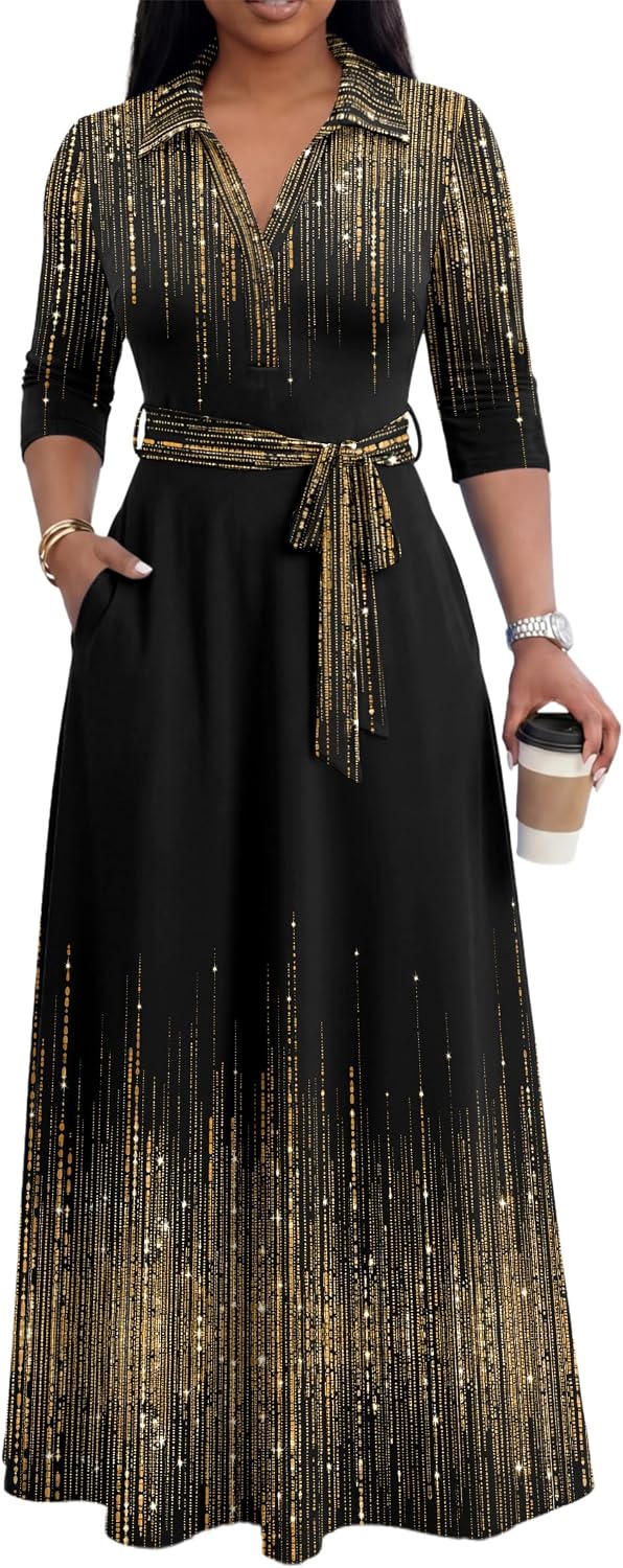 Maxi Dresses for Women Casual V Neck 3/4 Sleeve Long Church Dress Semi Formal Outfits with Pockets
