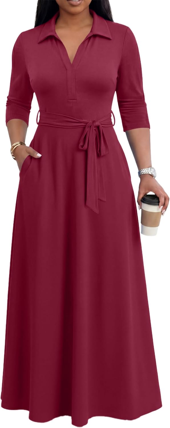 Maxi Dresses for Women Casual V Neck 3/4 Sleeve Long Church Dress Semi Formal Outfits with Pockets