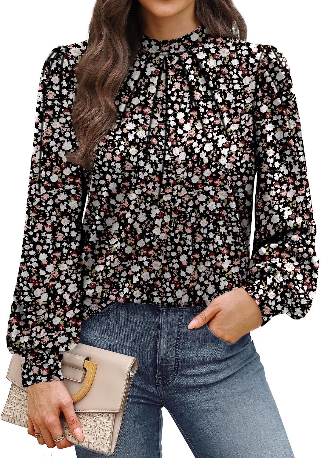 WIHOLL Long Sleeve Shirts for Women Mock Neck Tops Pleated Front Blouses Dressy Casual Spring Fall Clothes 2026 Fashion