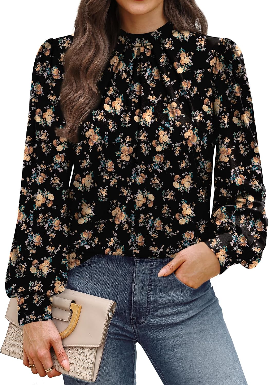 WIHOLL Long Sleeve Shirts for Women Mock Neck Tops Pleated Front Blouses Dressy Casual Spring Fall Clothes 2026 Fashion