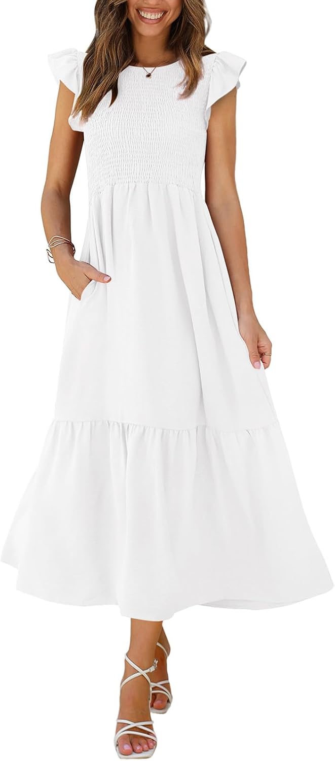 OFEEFAN Women's Casual Maxi Dresses with Pockets Ruffle Sleeve Smocked Dress XS-2XL