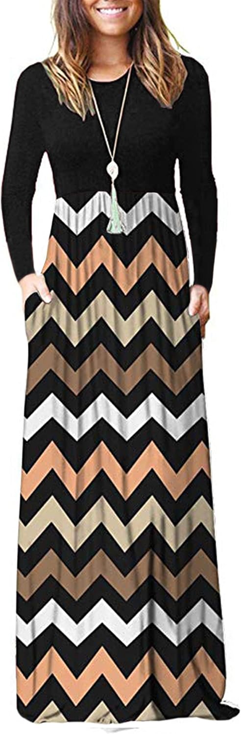 AUSELILY Womens Long Sleeve Maxi Dress Casual Empire Waist with Pockets