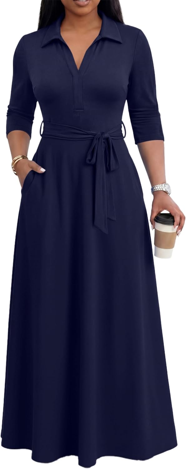 Maxi Dresses for Women Casual V Neck 3/4 Sleeve Long Church Dress Semi Formal Outfits with Pockets