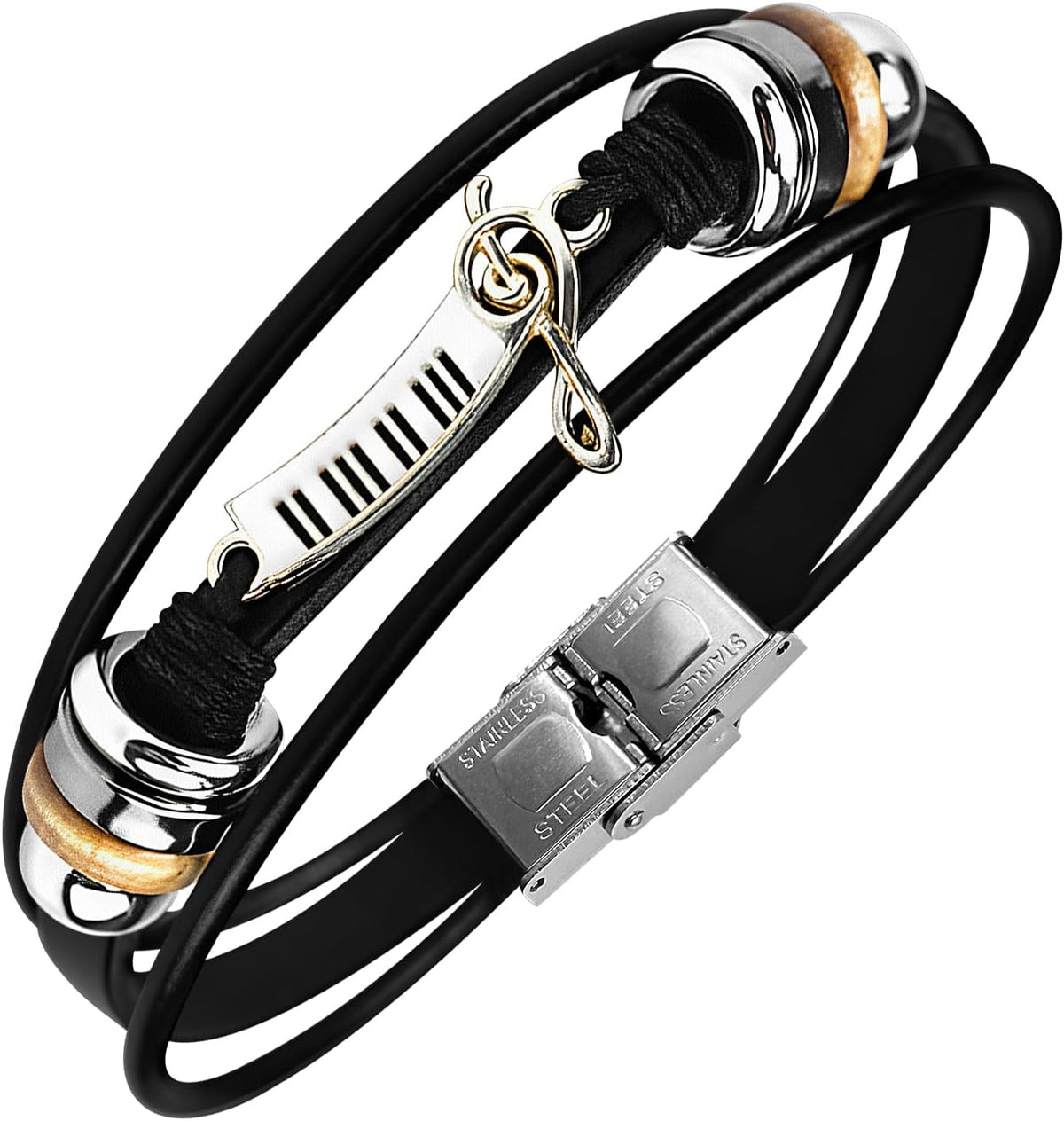 Retro Guitar Leather Bracelet for Man Women Unique Bead Braided Handmade Ethnic Tribal Cuff Multi-Layer Cords Wrap Music Shape Punk Rock Jewelry Gifts Wristband