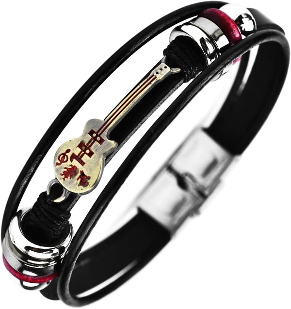 Retro Guitar Leather Bracelet for Man Women Unique Bead Braided Handmade Ethnic Tribal Cuff Multi-Layer Cords Wrap Music Shape Punk Rock Jewelry Gifts Wristband