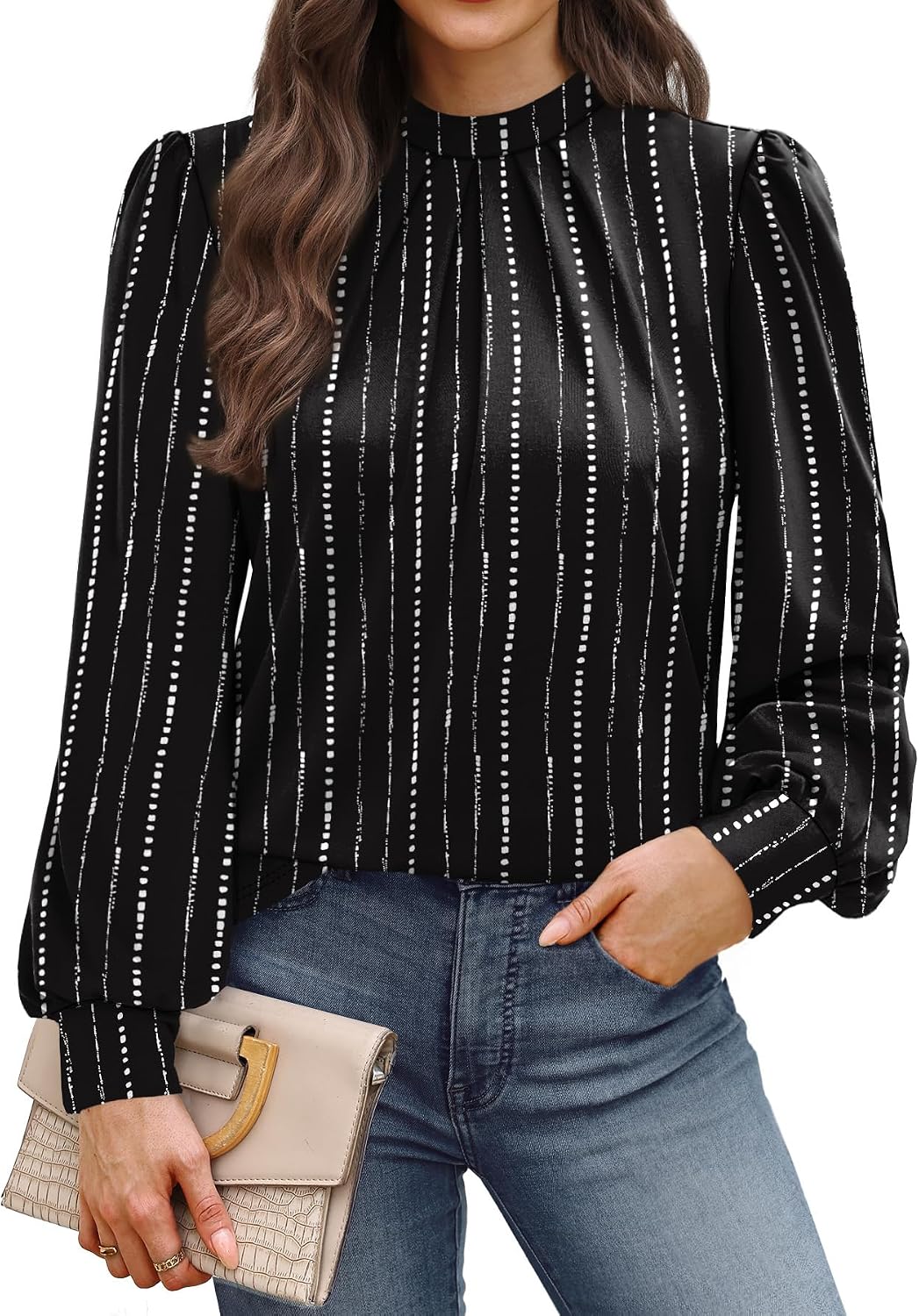 WIHOLL Long Sleeve Shirts for Women Mock Neck Tops Pleated Front Blouses Dressy Casual Spring Fall Clothes 2026 Fashion