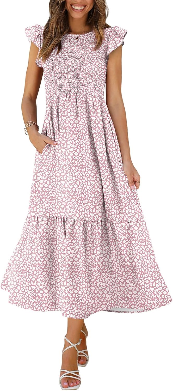 OFEEFAN Women's Casual Maxi Dresses with Pockets Ruffle Sleeve Smocked Dress XS-2XL