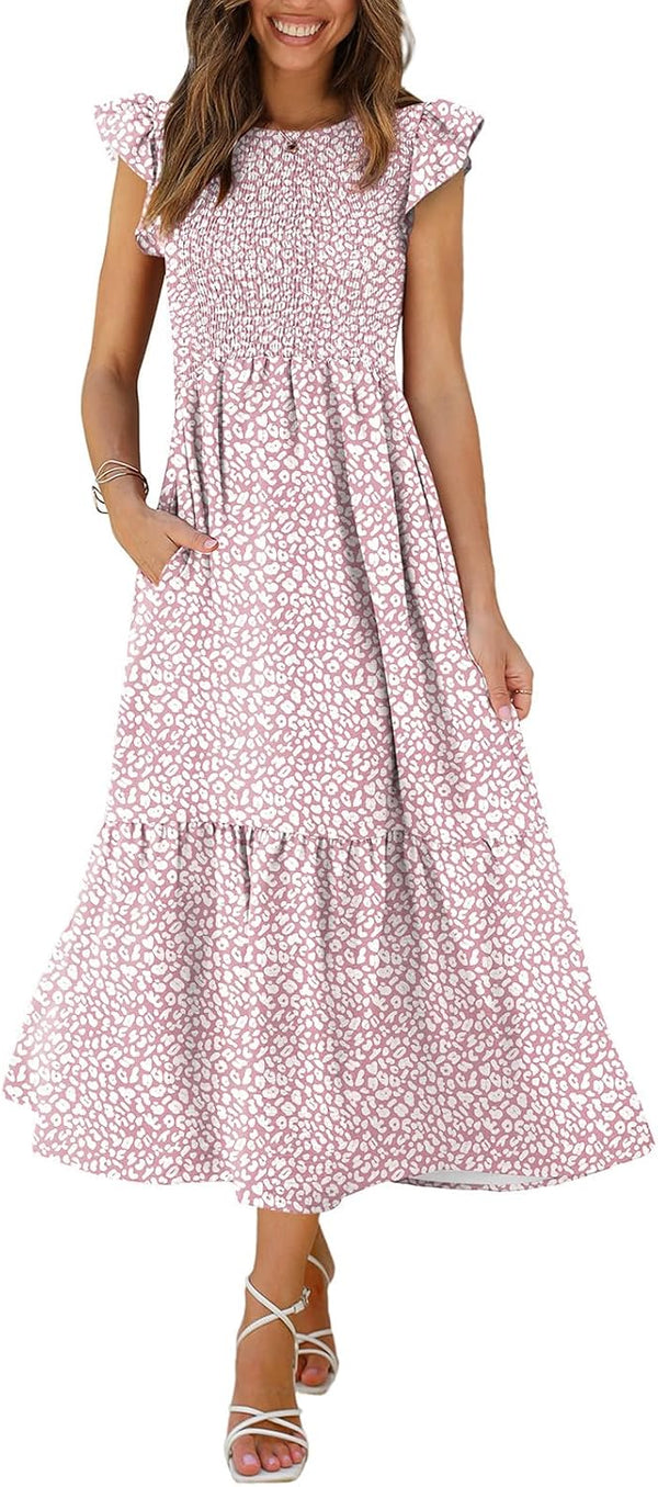 OFEEFAN Women's Casual Maxi Dresses with Pockets Ruffle Sleeve Smocked Dress XS-2XL