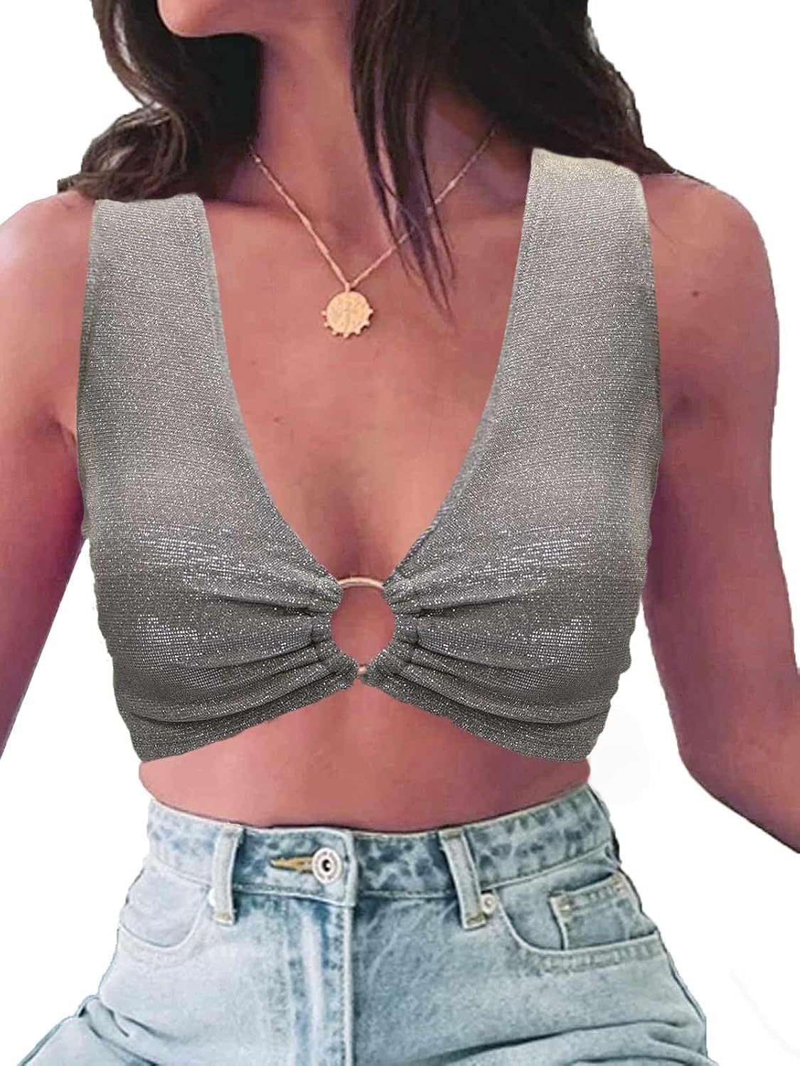 krtwrnt Women‘s Sparkly Festival Rave Outfits Sexy Concert Crop Top