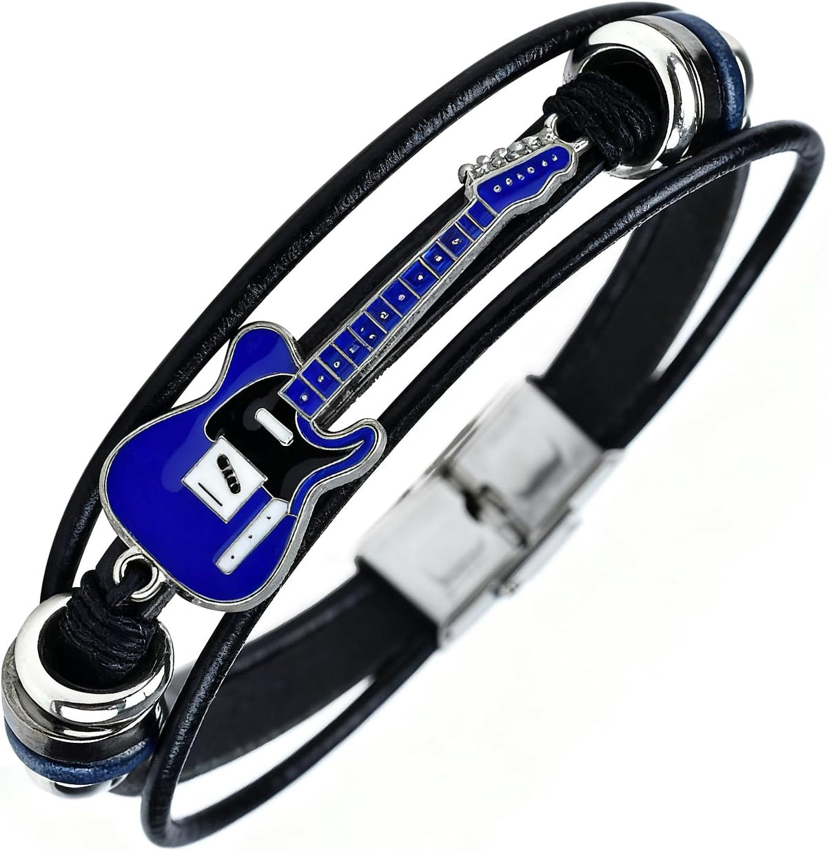 Retro Guitar Leather Bracelet for Man Women Unique Bead Braided Handmade Ethnic Tribal Cuff Multi-Layer Cords Wrap Music Shape Punk Rock Jewelry Gifts Wristband