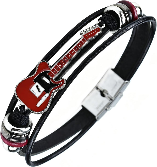 Retro Guitar Leather Bracelet for Man Women Unique Bead Braided Handmade Ethnic Tribal Cuff Multi-Layer Cords Wrap Music Shape Punk Rock Jewelry Gifts Wristband