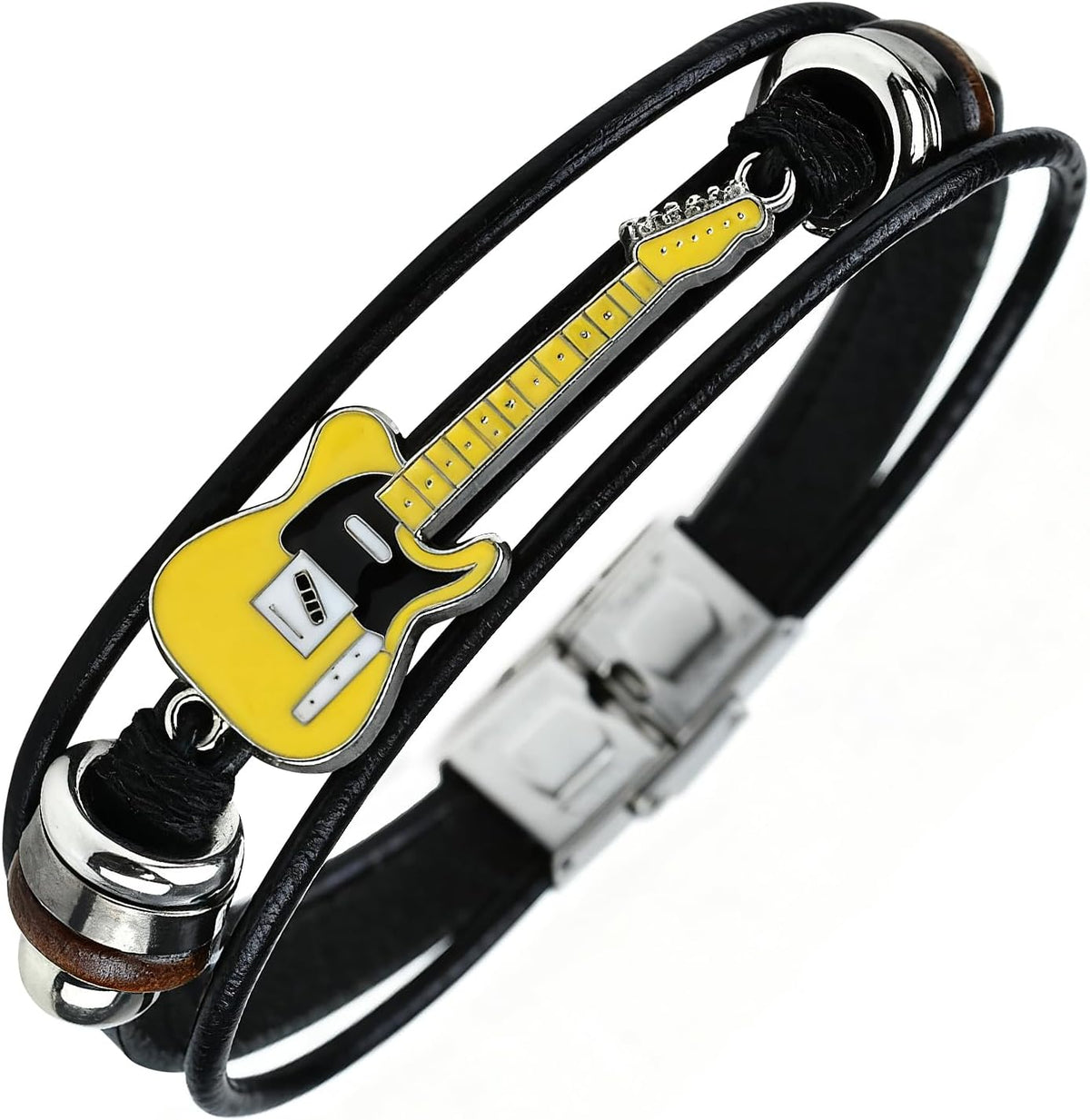 Retro Guitar Leather Bracelet for Man Women Unique Bead Braided Handmade Ethnic Tribal Cuff Multi-Layer Cords Wrap Music Shape Punk Rock Jewelry Gifts Wristband