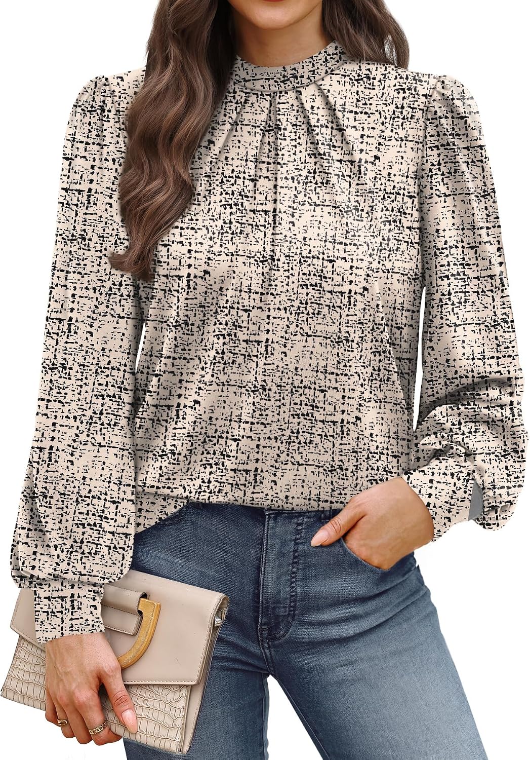 WIHOLL Long Sleeve Shirts for Women Mock Neck Tops Pleated Front Blouses Dressy Casual Spring Fall Clothes 2026 Fashion