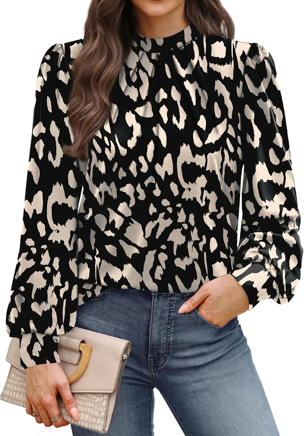 WIHOLL Long Sleeve Shirts for Women Mock Neck Tops Pleated Front Blouses Dressy Casual Spring Fall Clothes 2026 Fashion