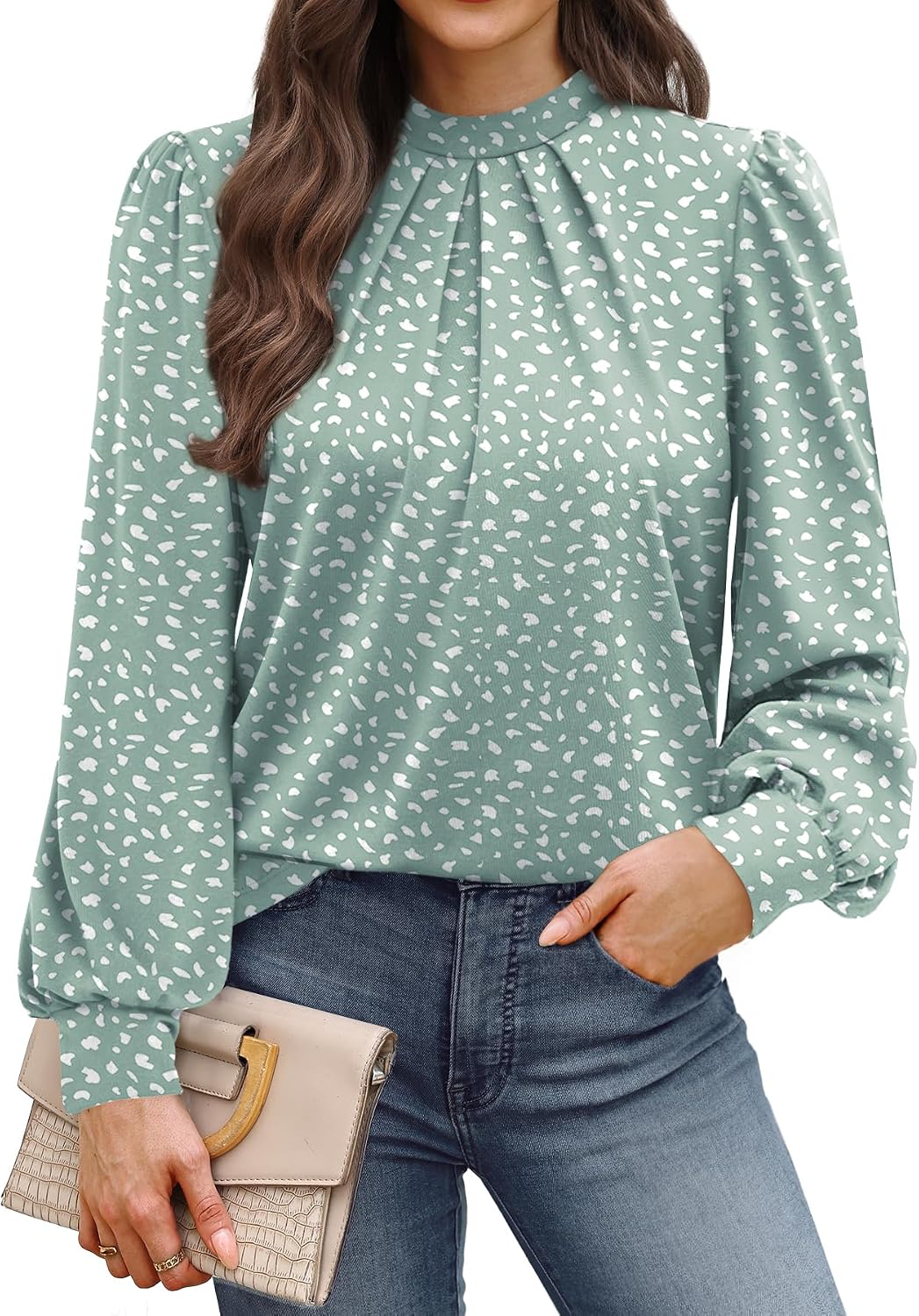 WIHOLL Long Sleeve Shirts for Women Mock Neck Tops Pleated Front Blouses Dressy Casual Spring Fall Clothes 2026 Fashion