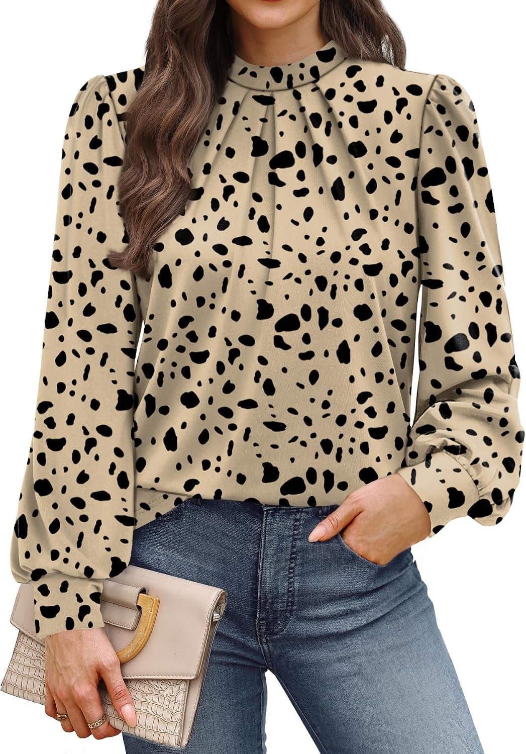 WIHOLL Long Sleeve Shirts for Women Mock Neck Tops Pleated Front Blouses Dressy Casual Spring Fall Clothes 2026 Fashion