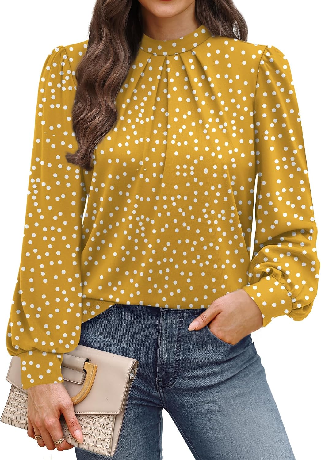 WIHOLL Long Sleeve Shirts for Women Mock Neck Tops Pleated Front Blouses Dressy Casual Spring Fall Clothes 2026 Fashion