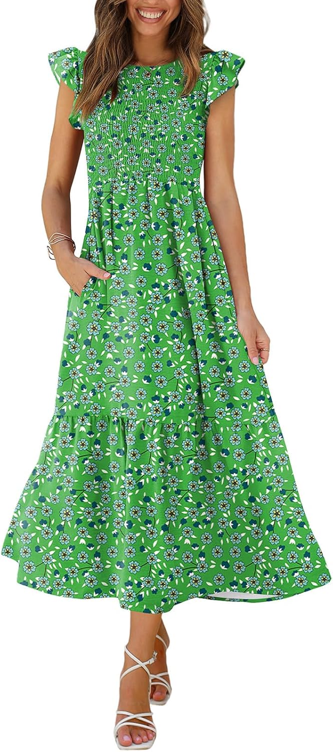 OFEEFAN Women's Casual Maxi Dresses with Pockets Ruffle Sleeve Smocked Dress XS-2XL