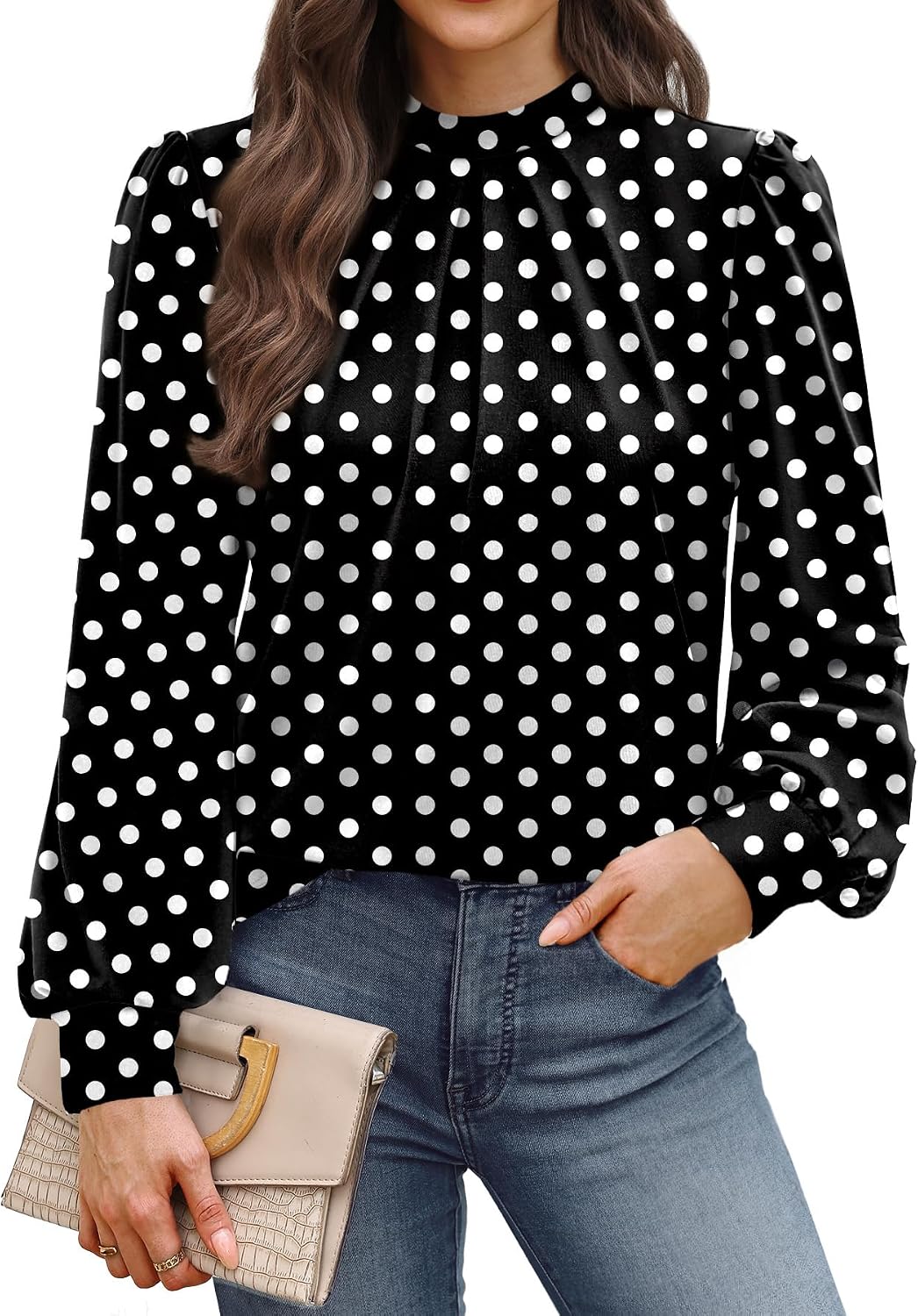 WIHOLL Long Sleeve Shirts for Women Mock Neck Tops Pleated Front Blouses Dressy Casual Spring Fall Clothes 2026 Fashion
