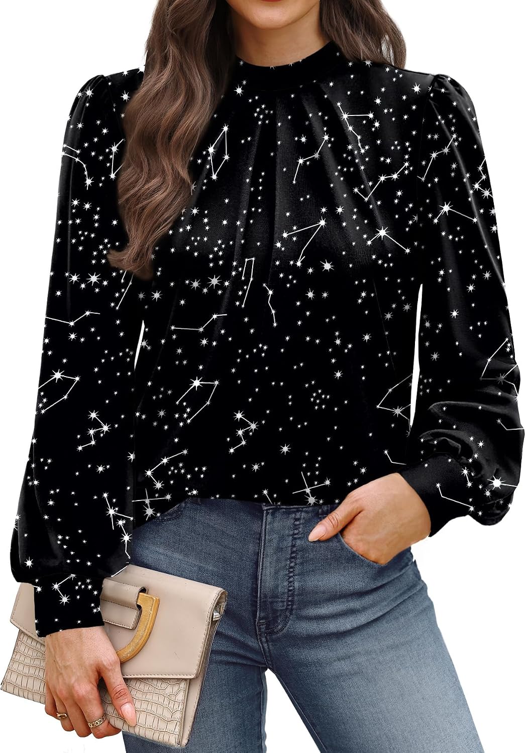 WIHOLL Long Sleeve Shirts for Women Mock Neck Tops Pleated Front Blouses Dressy Casual Spring Fall Clothes 2026 Fashion