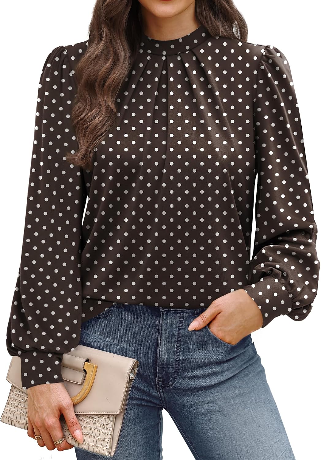 WIHOLL Long Sleeve Shirts for Women Mock Neck Tops Pleated Front Blouses Dressy Casual Spring Fall Clothes 2026 Fashion