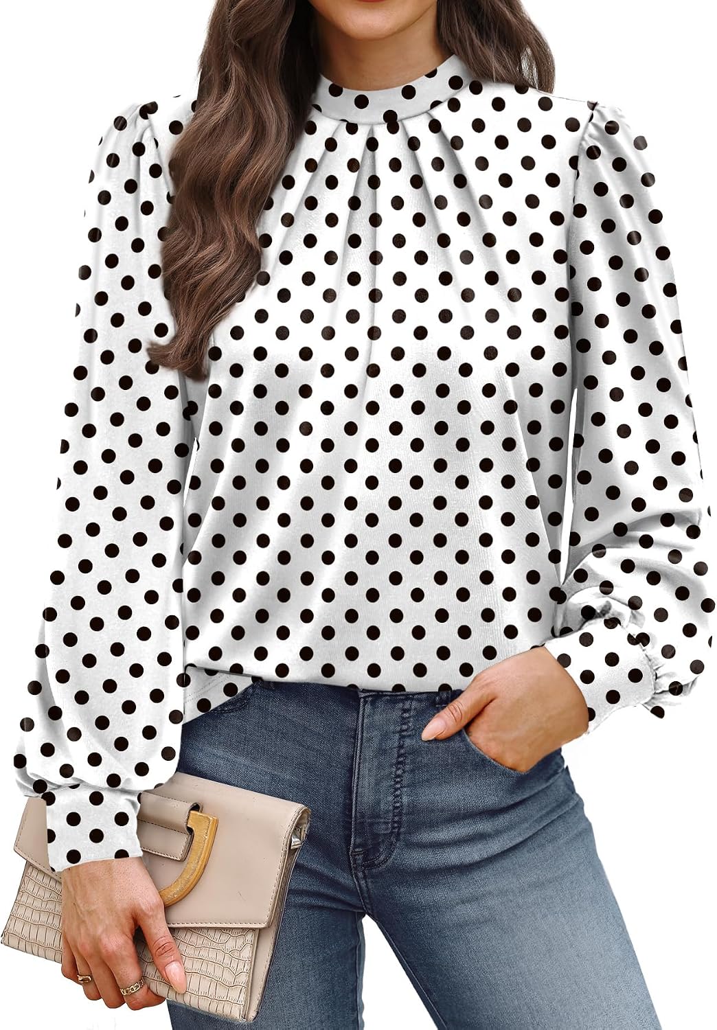 WIHOLL Long Sleeve Shirts for Women Mock Neck Tops Pleated Front Blouses Dressy Casual Spring Fall Clothes 2026 Fashion
