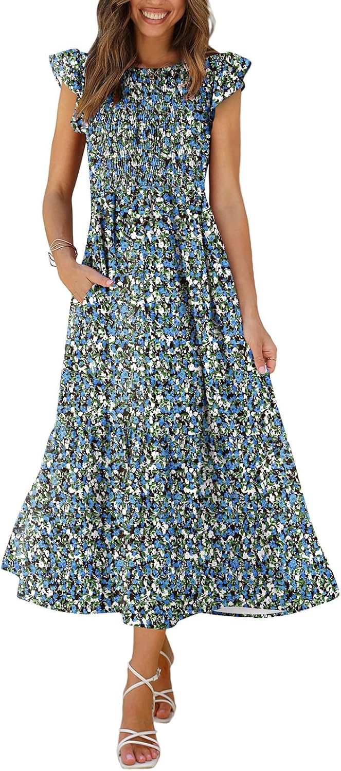 OFEEFAN Women's Casual Maxi Dresses with Pockets Ruffle Sleeve Smocked Dress XS-2XL