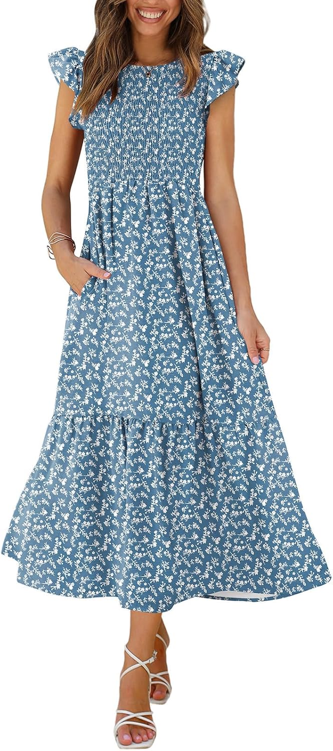 OFEEFAN Women's Casual Maxi Dresses with Pockets Ruffle Sleeve Smocked Dress XS-2XL