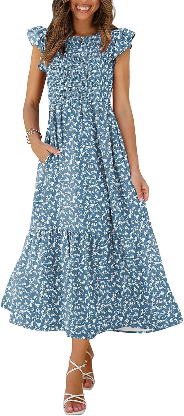 OFEEFAN Women's Casual Maxi Dresses with Pockets Ruffle Sleeve Smocked Dress XS-2XL