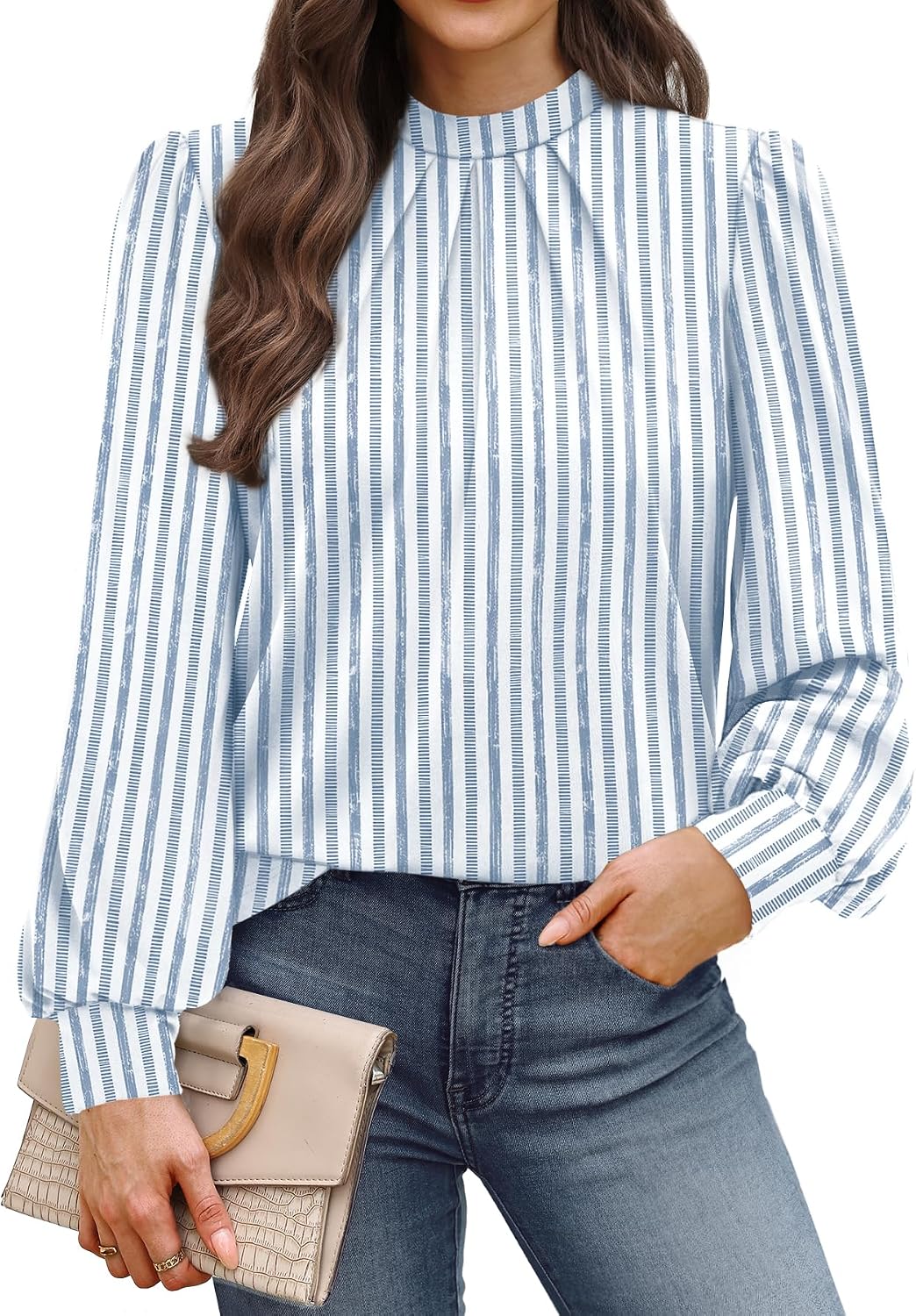 WIHOLL Long Sleeve Shirts for Women Mock Neck Tops Pleated Front Blouses Dressy Casual Spring Fall Clothes 2026 Fashion